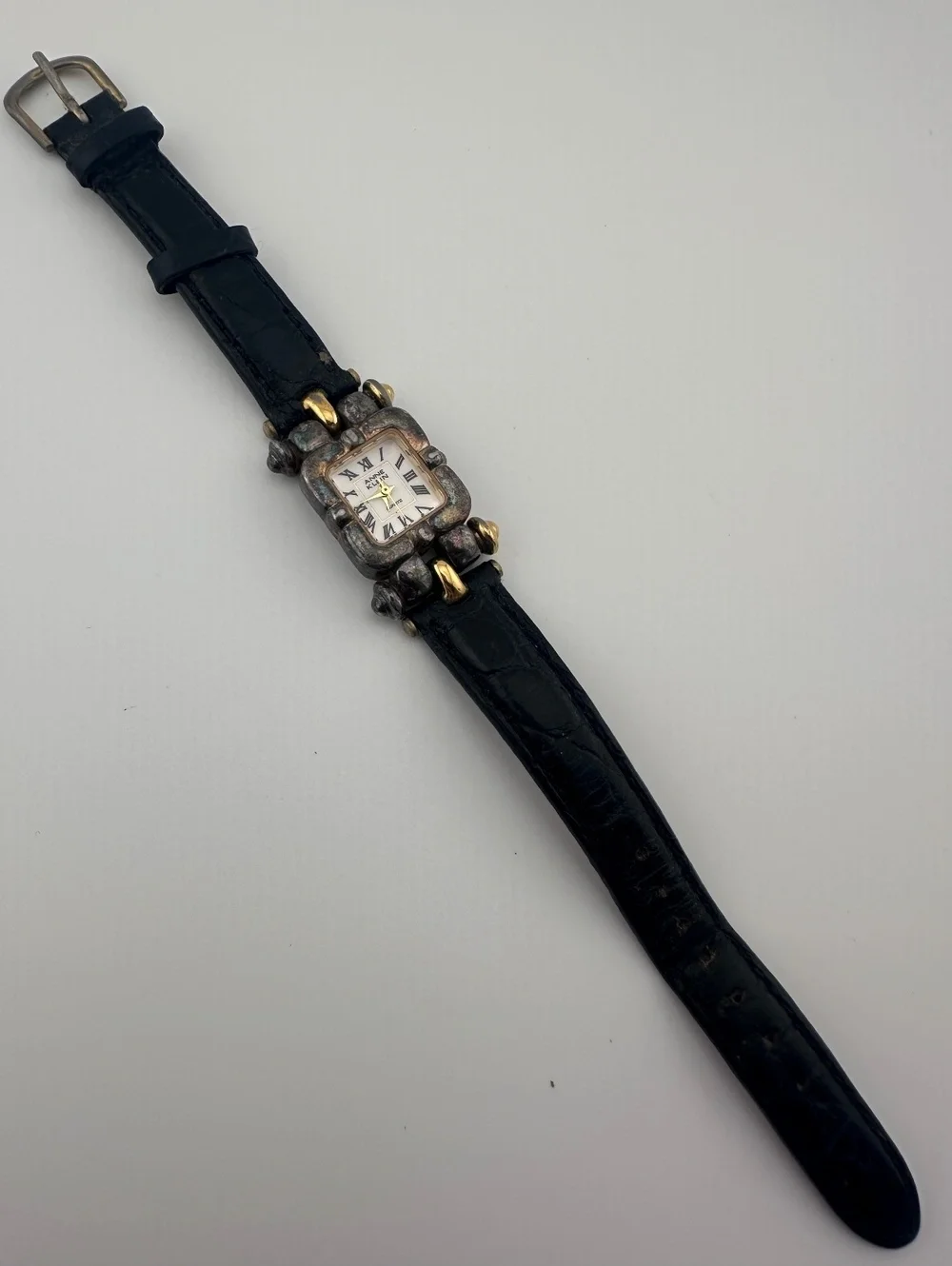 Vintage Anne Klein 29mm Two Tone Quartz Watch Black Leather Band